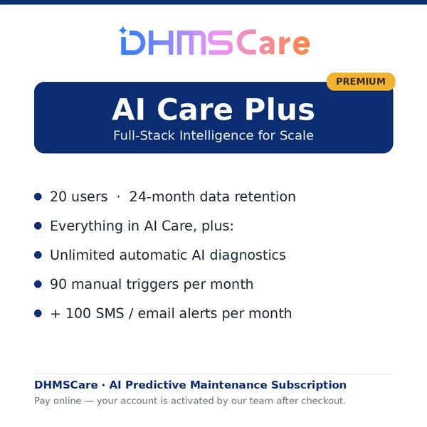 DHMSCare AI Care Plus – Abonnement für vorausschauende Wartung für Unternehmen
